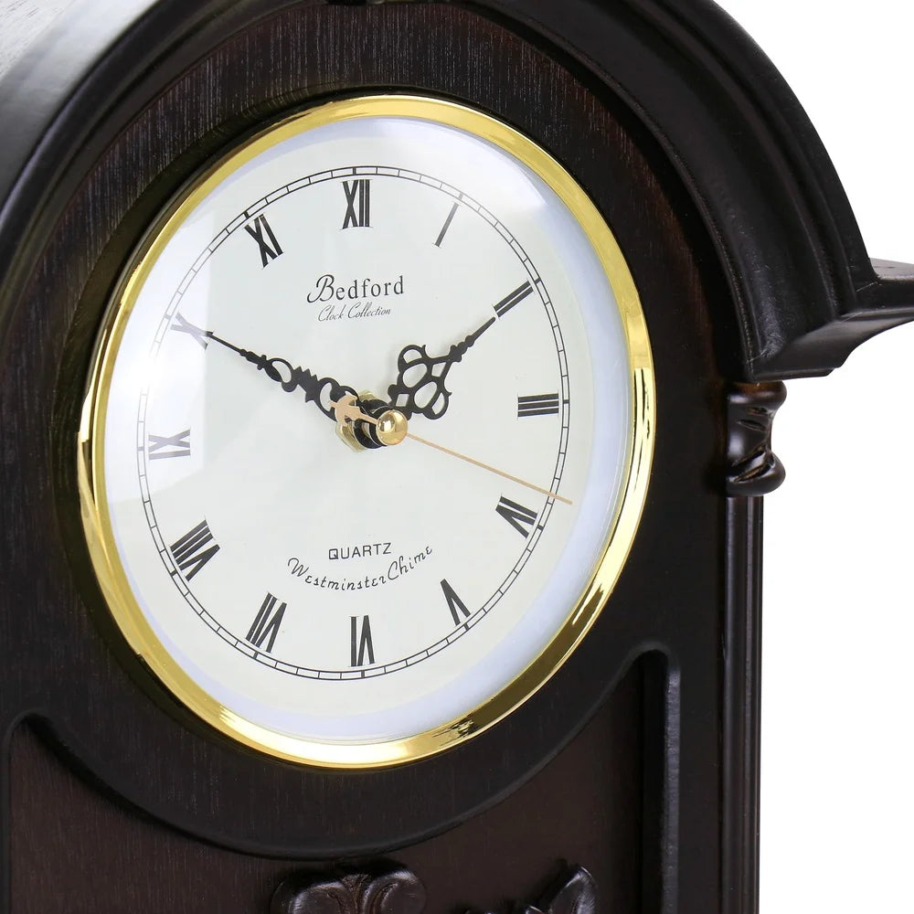 Chocolate Wood Mantel Clock with Chimes Four Chime Modes Volume Toggle Classic Roman Numerals Cozy Home Decor Battery Operated