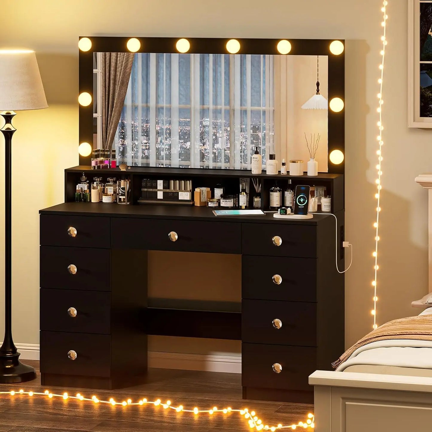 Vanity Desk With Mirror And Lights Power Outlet Black With 9 Drawers And Shelf