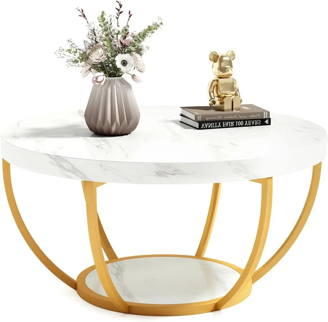 32 Inch Circle Marble Coffee Table With 2 Tier Gold Metal Legs Open Storage