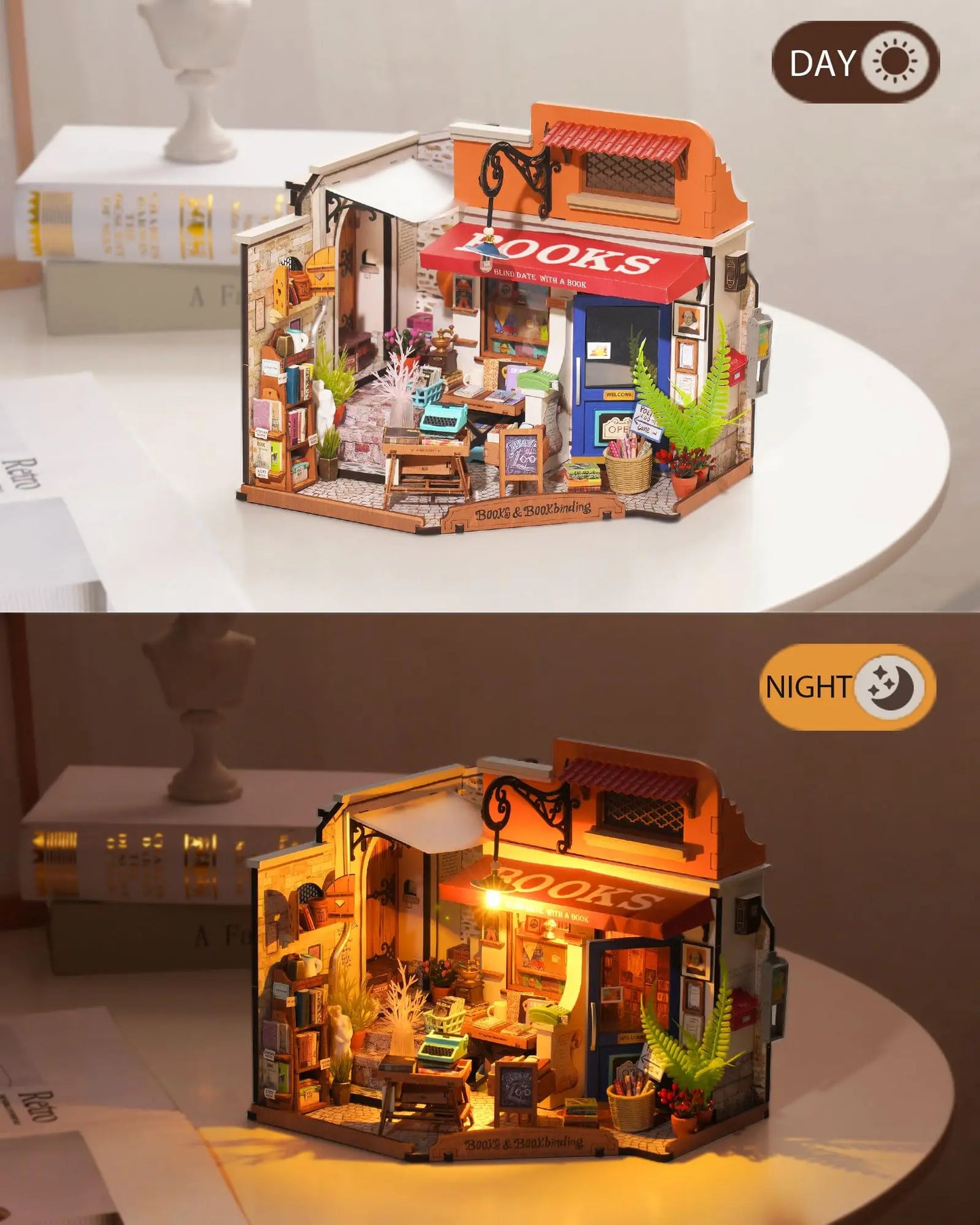 Robotime Miniature Dollhouse Kit Corner Bookstore With Led For DIY Craft