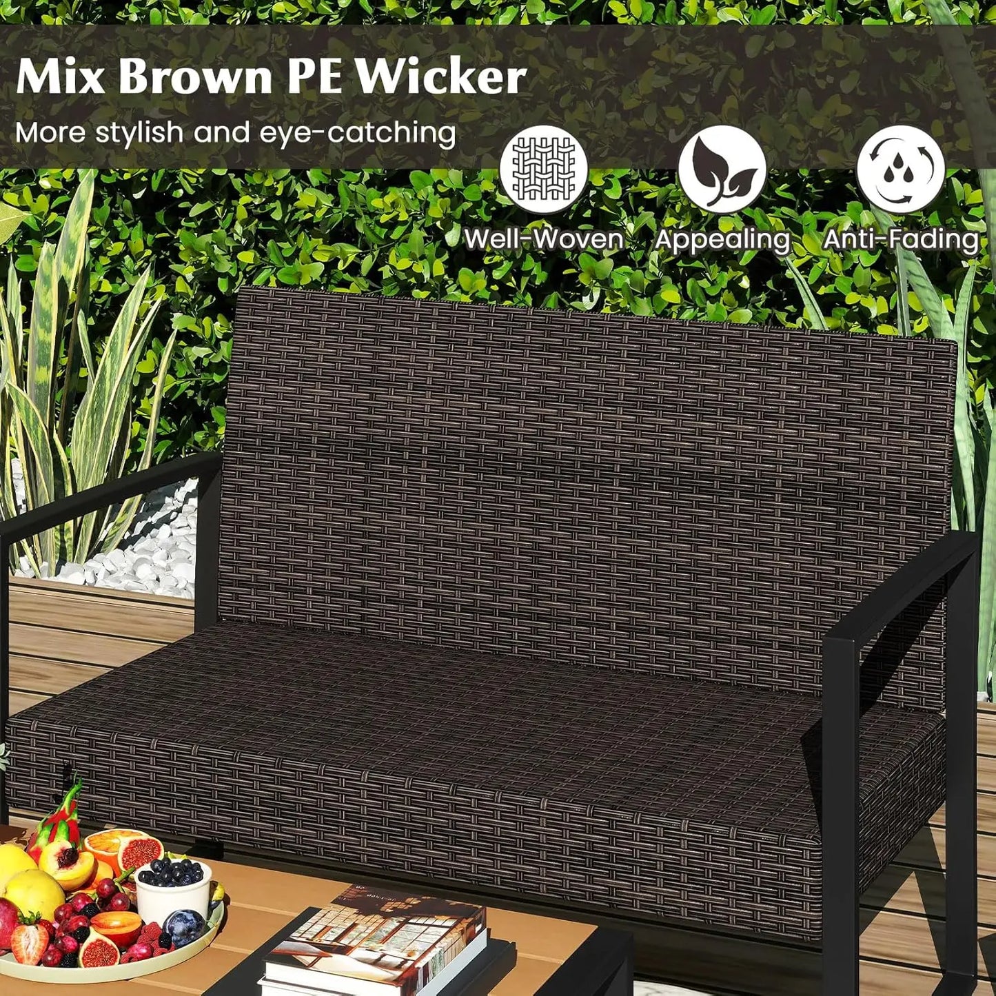 4 Piece Patio Furniture Set Rattan With Cushioned Chairs And Coffee Table