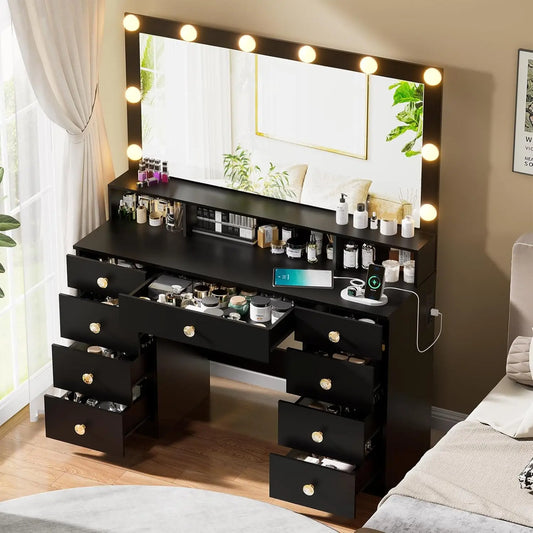Vanity Desk With Mirror And Lights Power Outlet Black With 9 Drawers And Shelf
