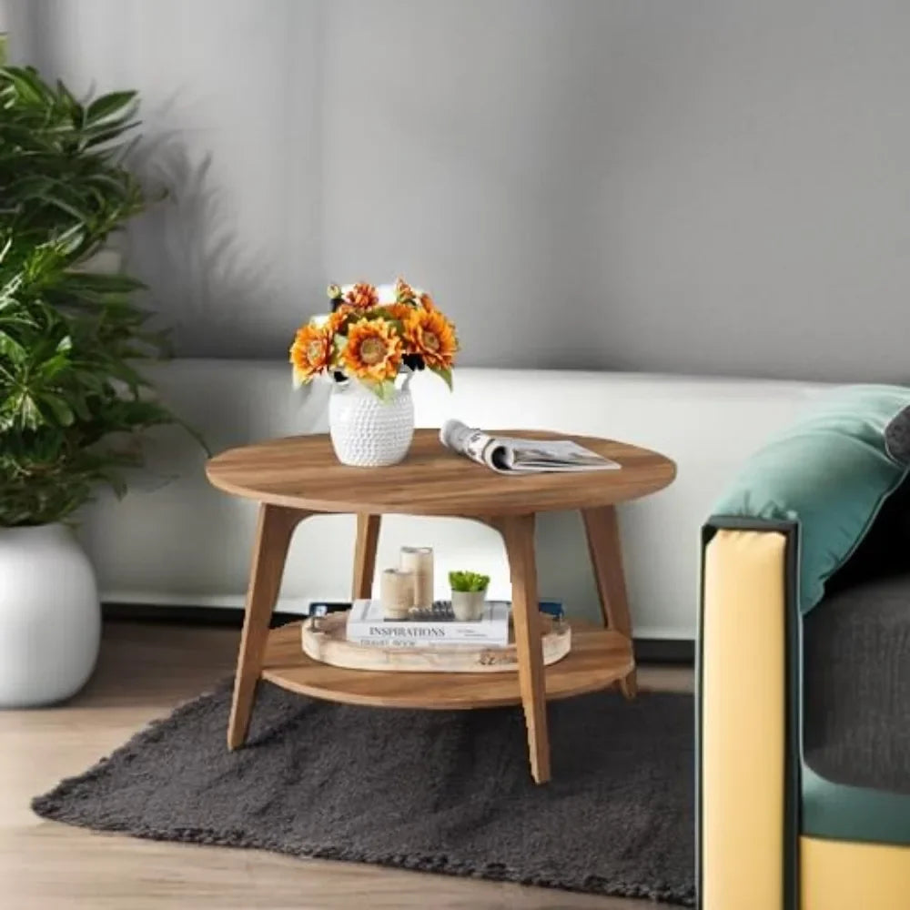 Round Coffee Table With Storage 2 Tier Honey Brown Durable