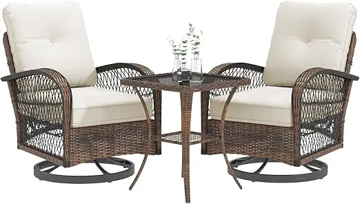 3 Piece Patio Furniture Set With Wicker Swivel Rocker Chairs And Cushions