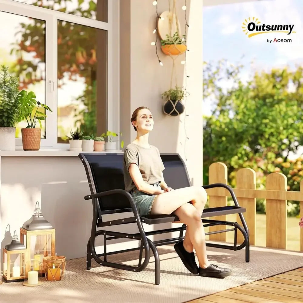 2 Person Outdoor Glider Bench Double Swing Rocking Chair Black Patio Porch