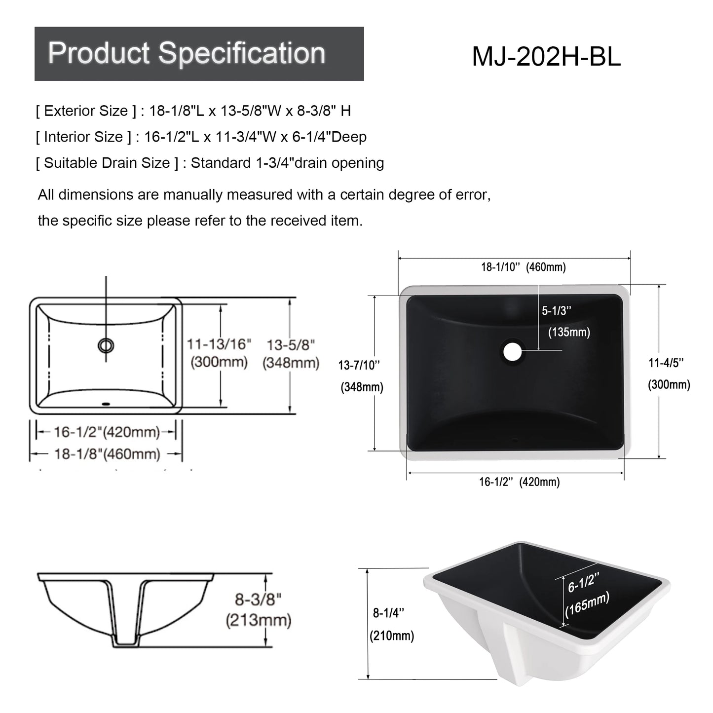 Meje Undermount Rectangular Ceramic Bathroom Sink Vessel