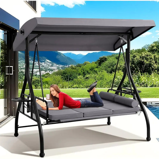 3 Seat Outdoor Swing Bed With Adjustable Stand Grey Cushion Pillows Cup Holders