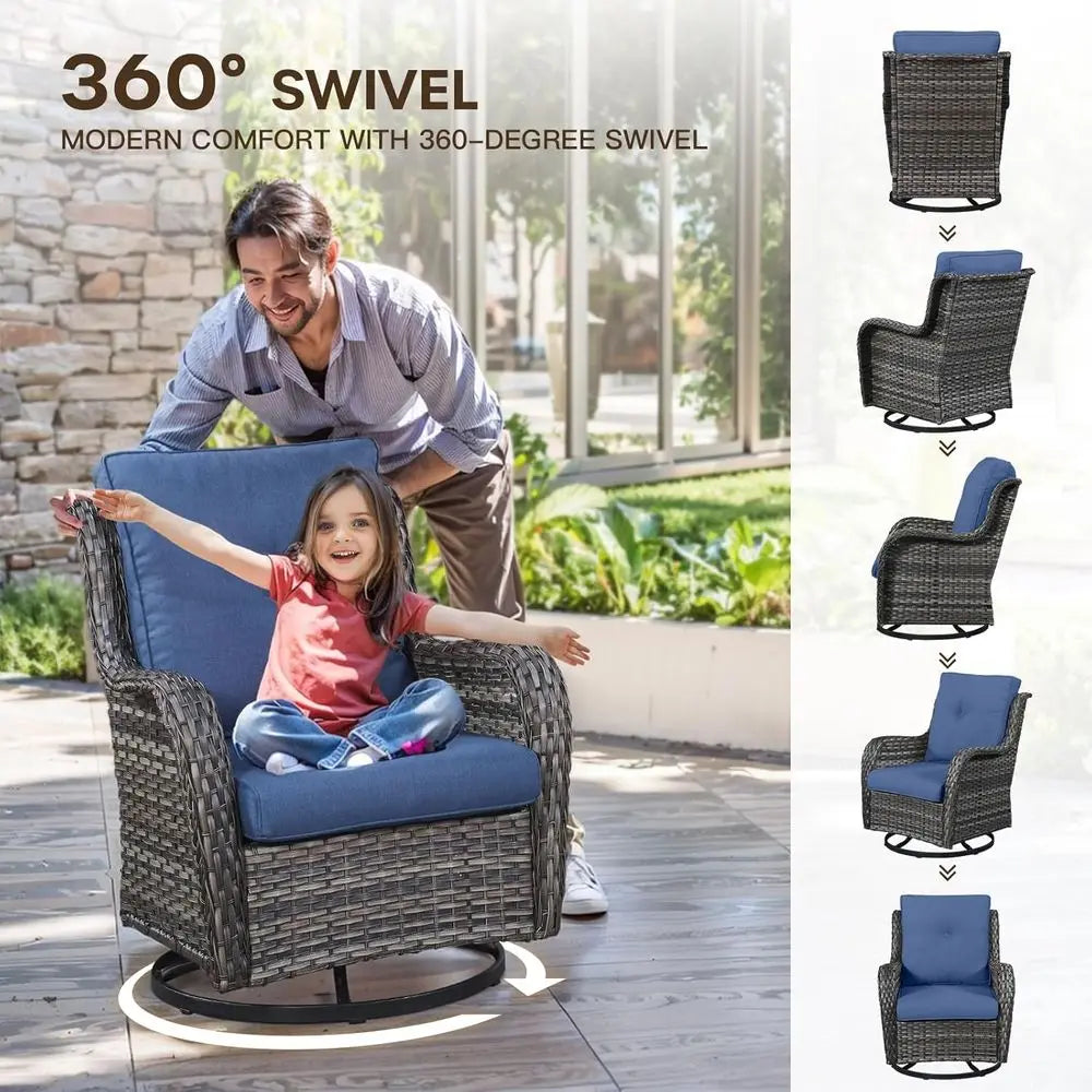 5-Piece Grey Wicker Patio Loveseat Glider Set with Blue Cushions and Swivel Chairs