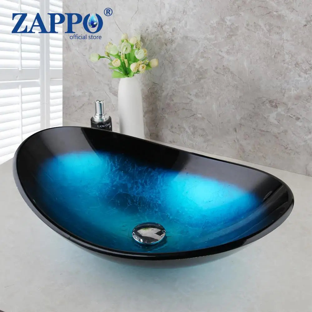 ZAPPO Tempered Glass Vessel Sink With Waterfall Faucet Blue