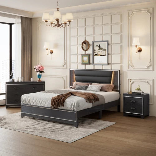 3 Piece Queen Size Upholstered Bed Set With LED Lights Nightstands And Dresser