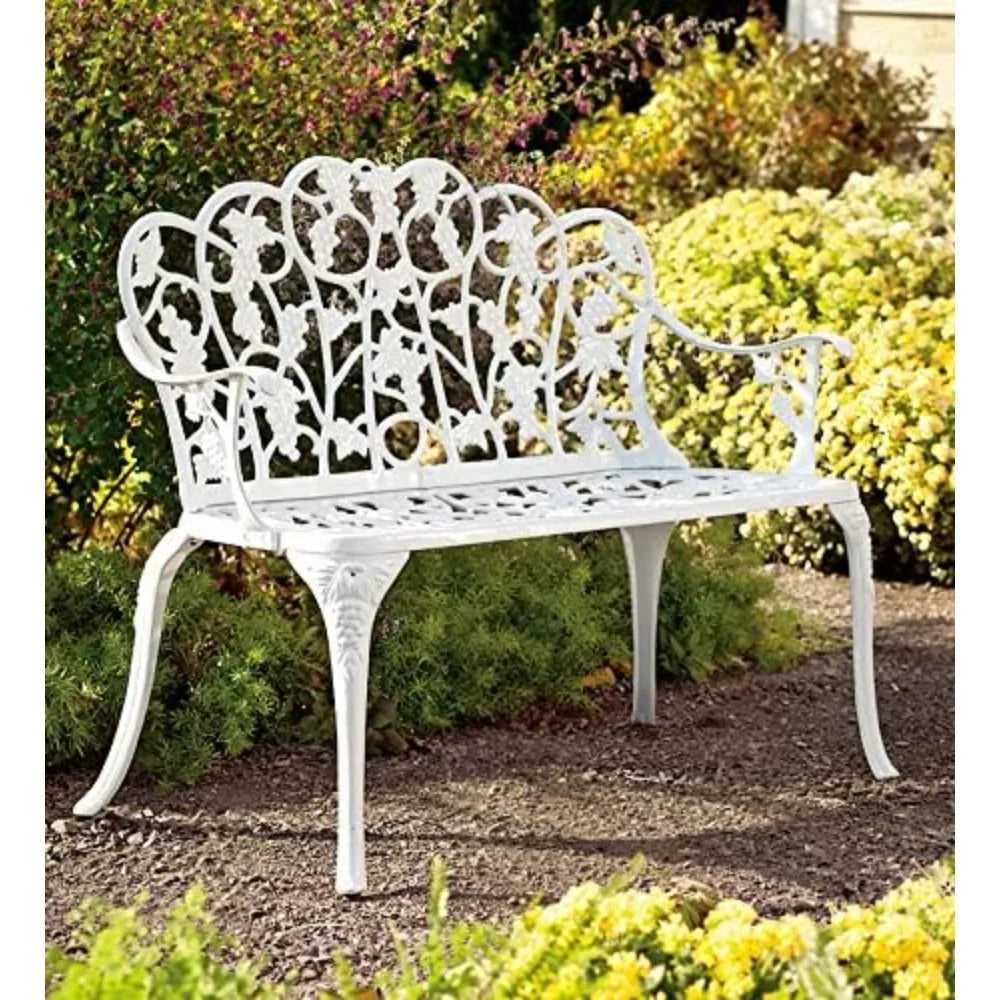 Plow And Hearth Weatherproof Grapevine Outdoor Bench 300 Pound Capacity Aluminum Frame White Patio Porch Garden Deck
