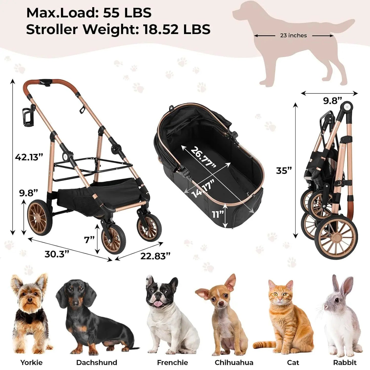 360 Degree Foldable Pet Stroller 2In1 Dog Cat Buggy Car Attachment 25kg