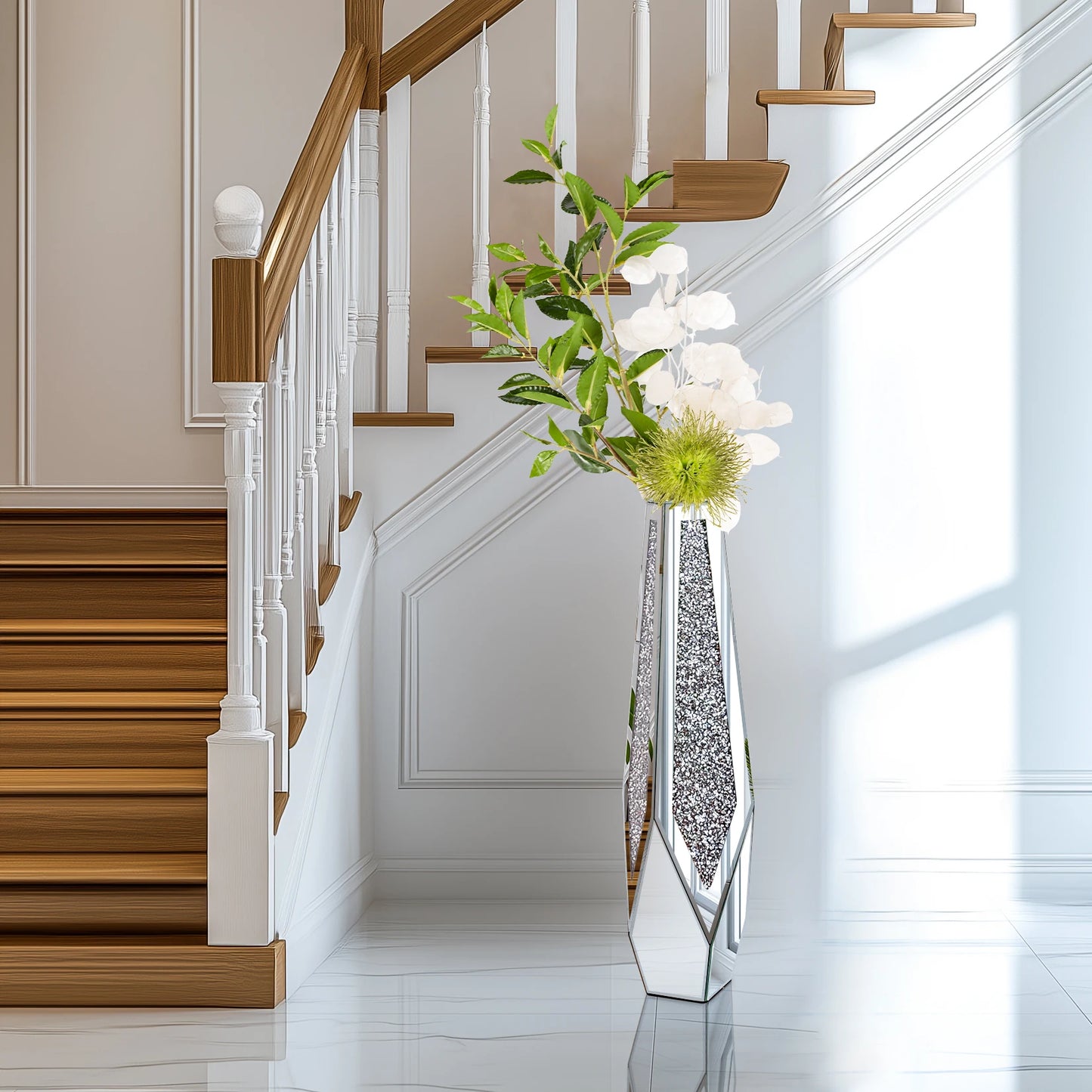 Tall Floor Mirror Vase Large Crushed Diamond Glass Vase for Home Decor Modern Crystal Centerpiece for Living Room Wedding Hotel