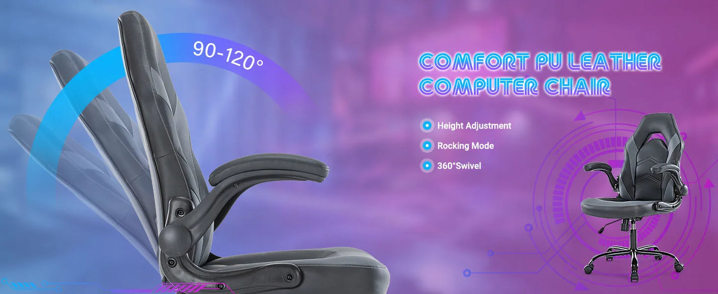 Ergonomic PU Leather Gaming Chair With Adjustable Flip Up Armrests For Office
