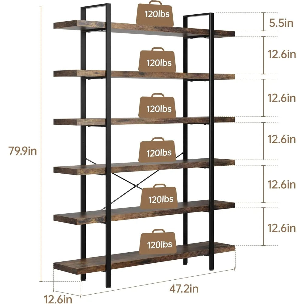 Industrial Rustic Six Tier Bookshelf 47 Inch Wide 120 Lb Capacity Home Office