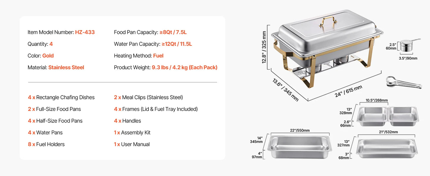 SucceBuy 8 Quart 4 Pack Chafing Dish Buffet Set Stainless Steel Chafer with 2 Full Size and 4 Half Size Pans Catering Warmer Server