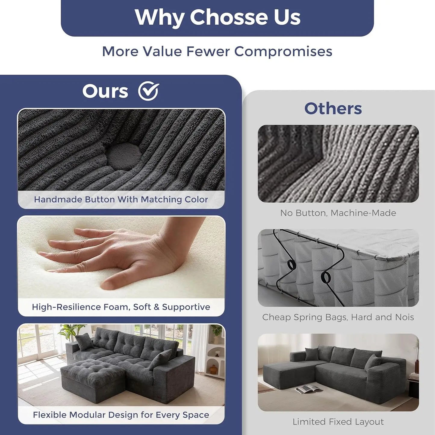 104 Inch L Shaped Modular Sectional Sofa With Ottoman Layered Cushions