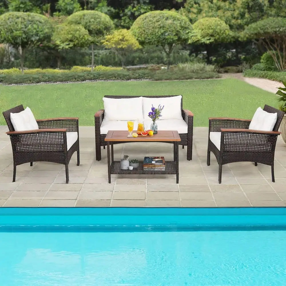 4 Piece Outdoor Patio Furniture Set With Cushions White For Lawn Porch Poolside