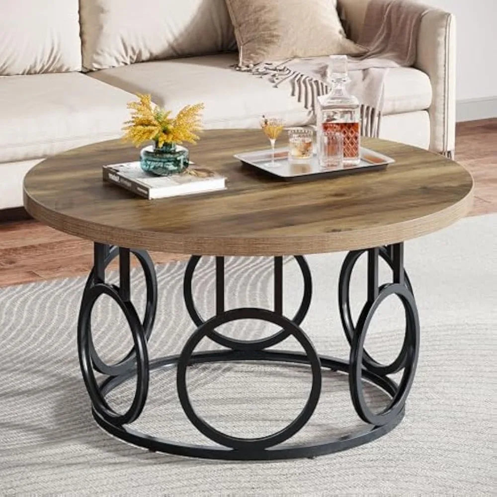 31.5 Inch Round Coffee Table Metal Base Rustic Modern Wood