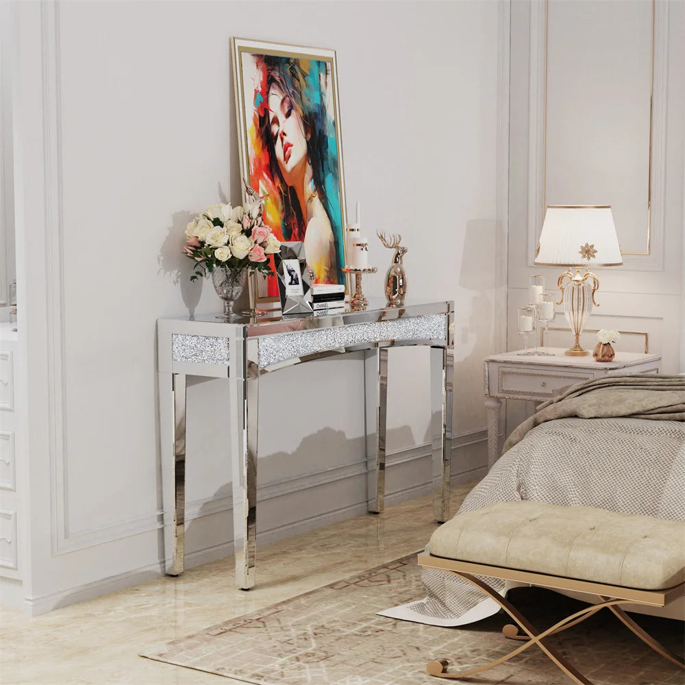 LUVODI Modern Glass Mirror Console Table Crushed Diamond