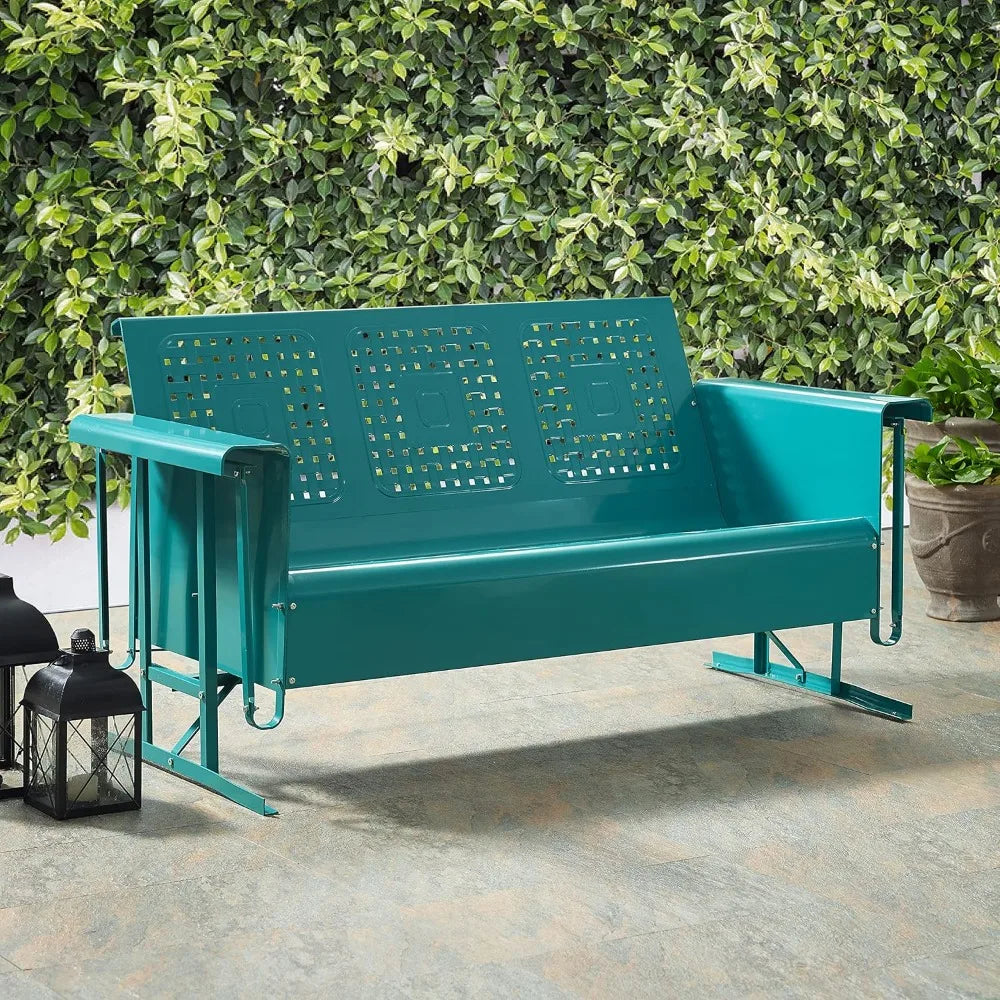 Bates Retro Metal Outdoor Patio Sofa Glider 3-Person Turquoise Gloss