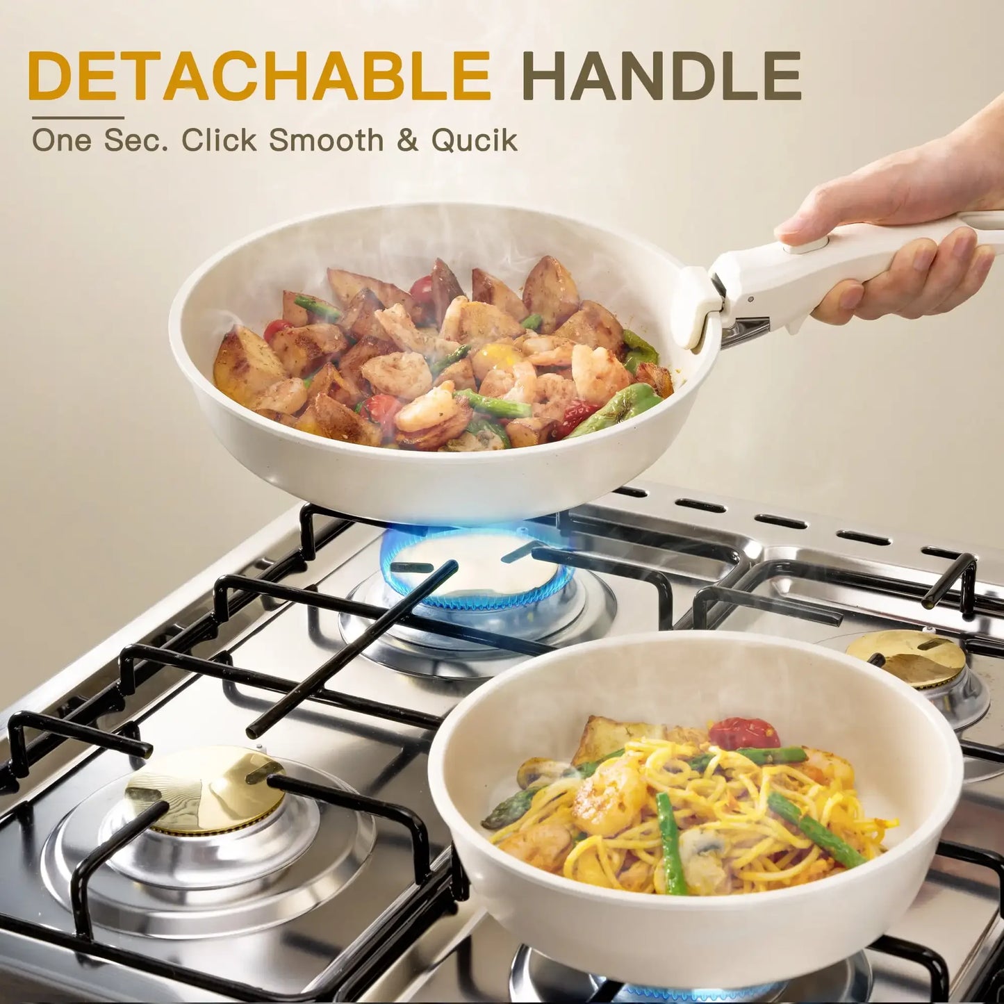 20 Piece Non Stick Ceramic Pots and Pans Set with Detachable Handle Oven Safe Induction Ready Stackable RV Kitchen Cooking Set Cream White