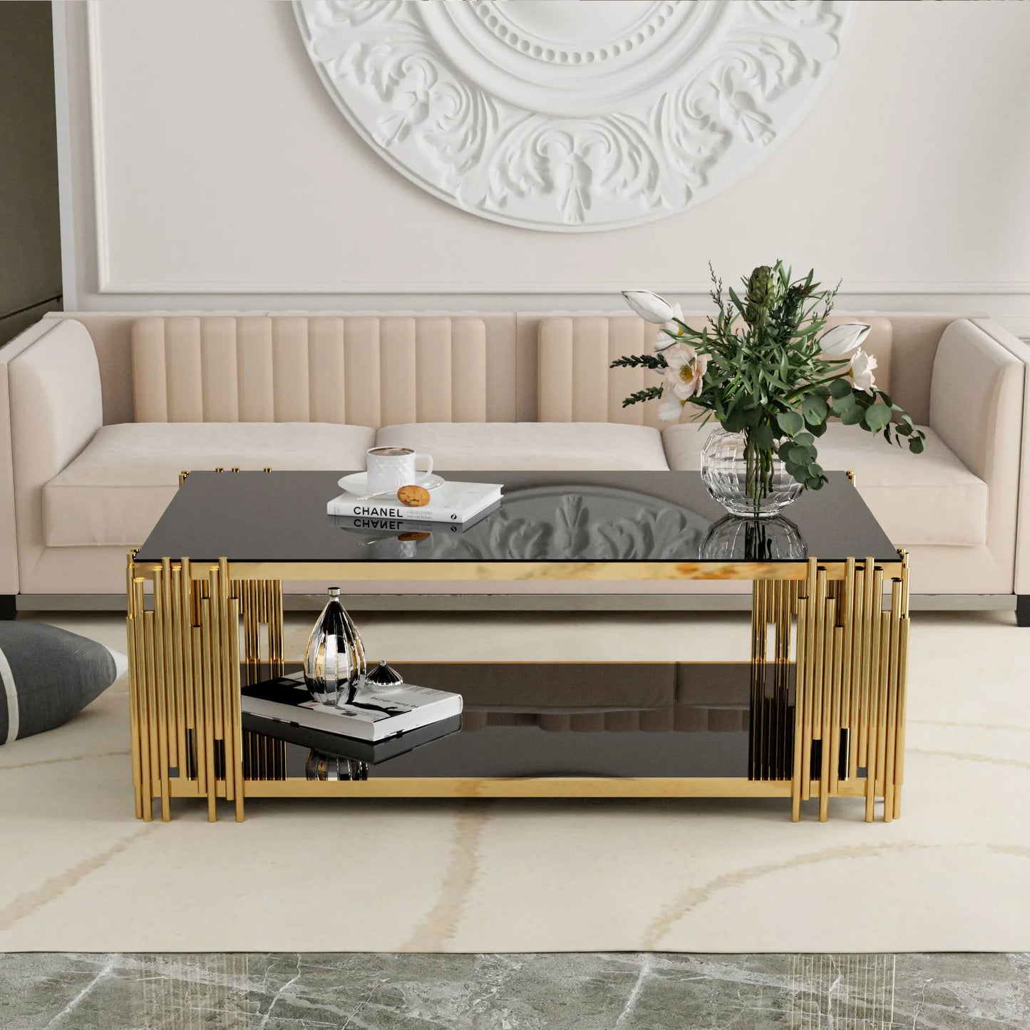 Stainless Steel Rectangle Glass Coffee Table For Living Room