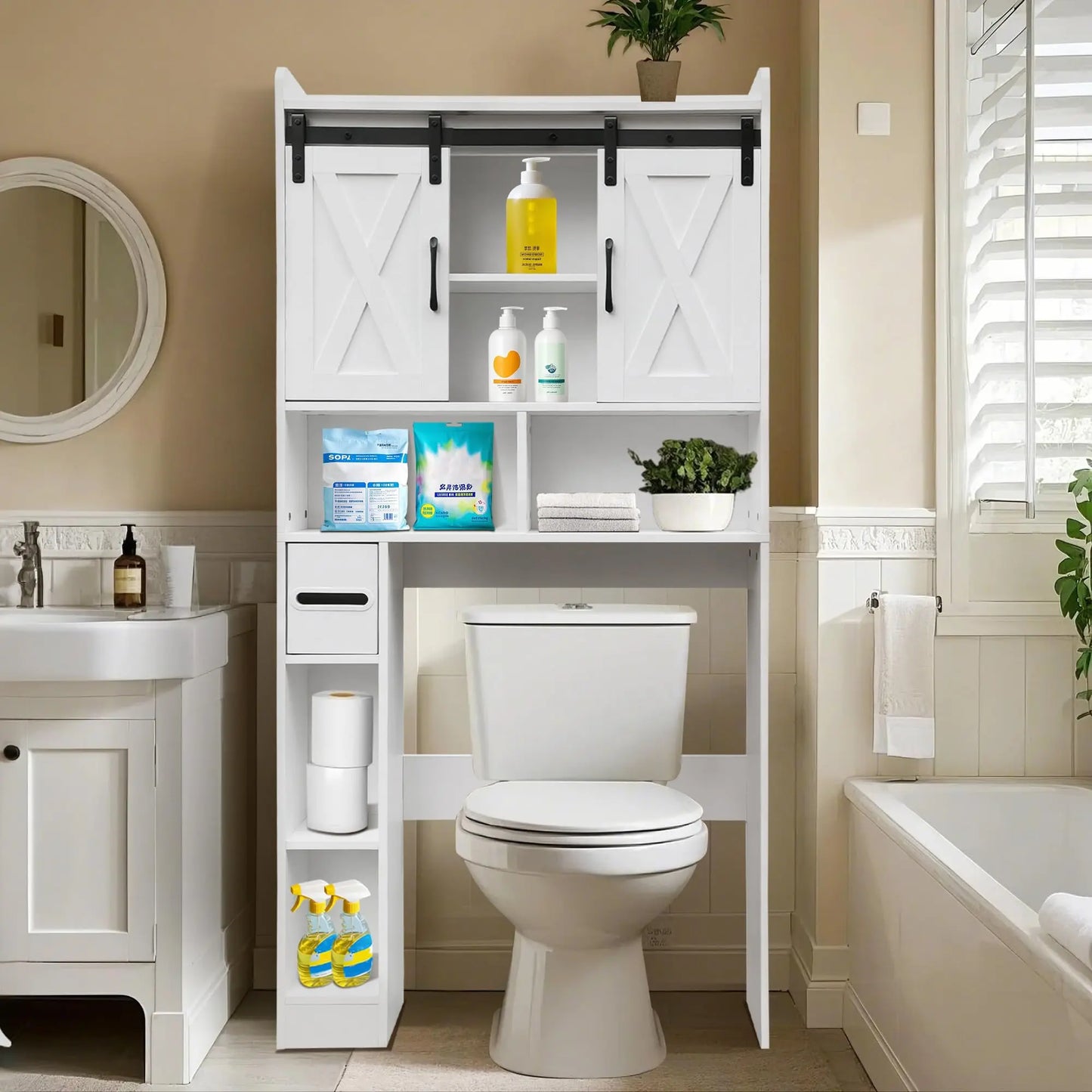 Over The Toilet Storage Cabinet 2 Doors Toilet Paper Holder