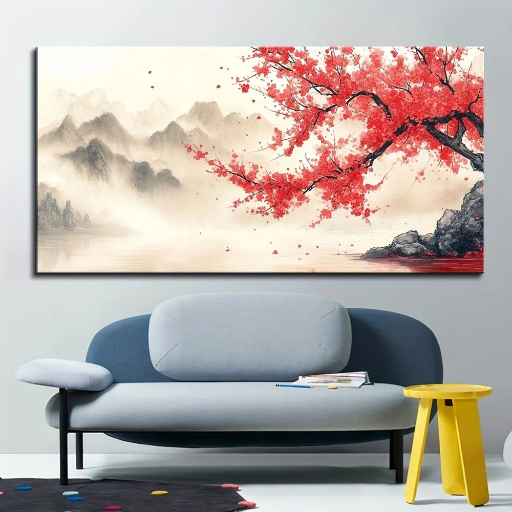 1.5 Inch Pine Wood Frame Pink Plum Mural Wall Art Black And White Landscape
