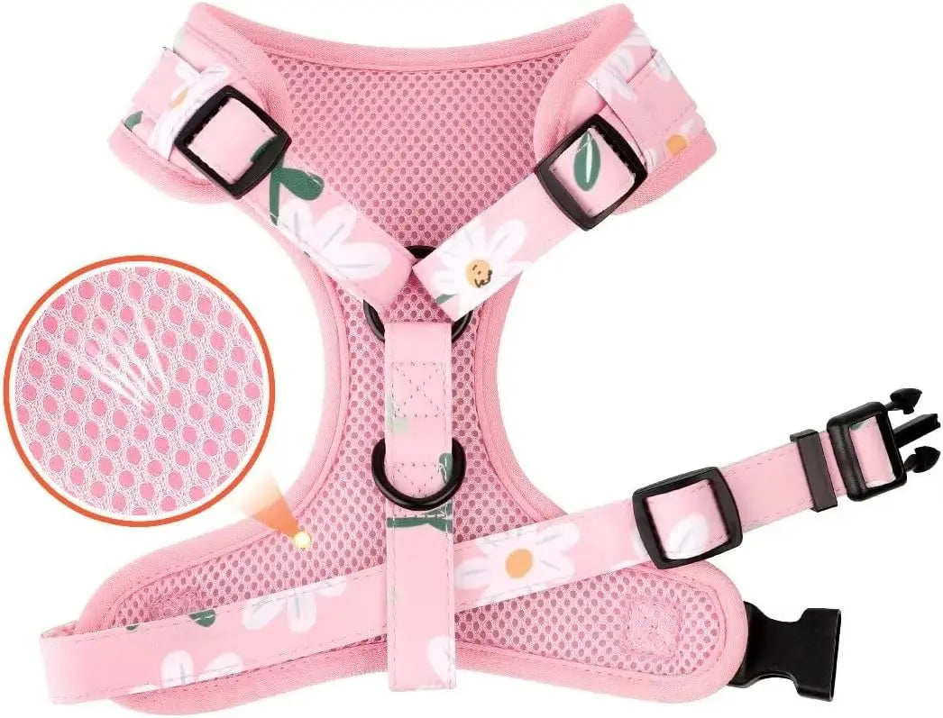 Flower Dog Collar Harness And Leash Set Adjustable Pink Mesh Vest
