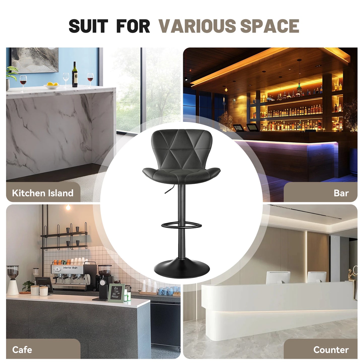 2 Pcs Bar Chair 360 Degree Rotation Faux Leather Backrest