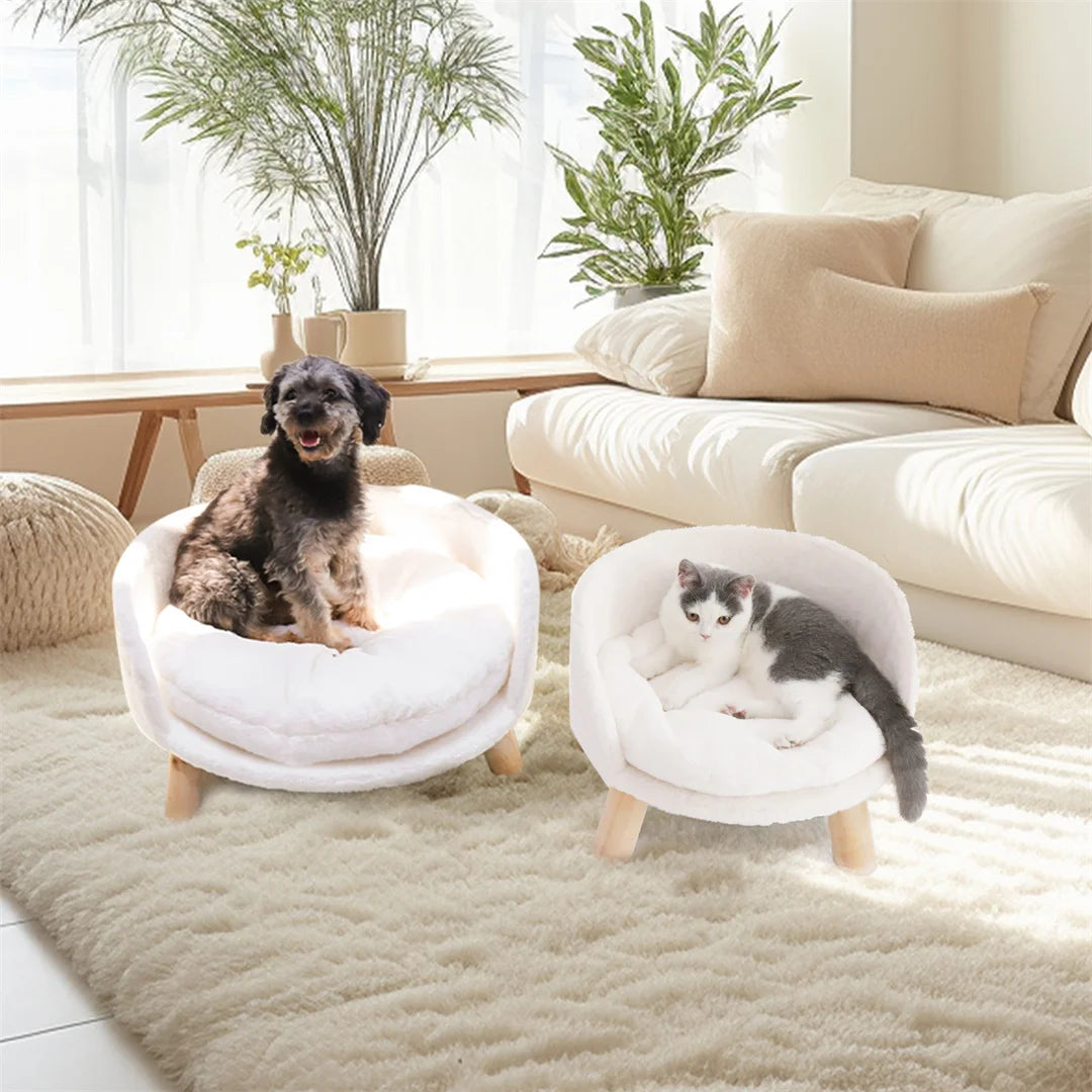 Luxury Cat Bed Soft Warm Plush Fabric Pet Nesting Chair Bed Stool with Washable Waterproof Cushion Pad and Wood Legs for Small Pets