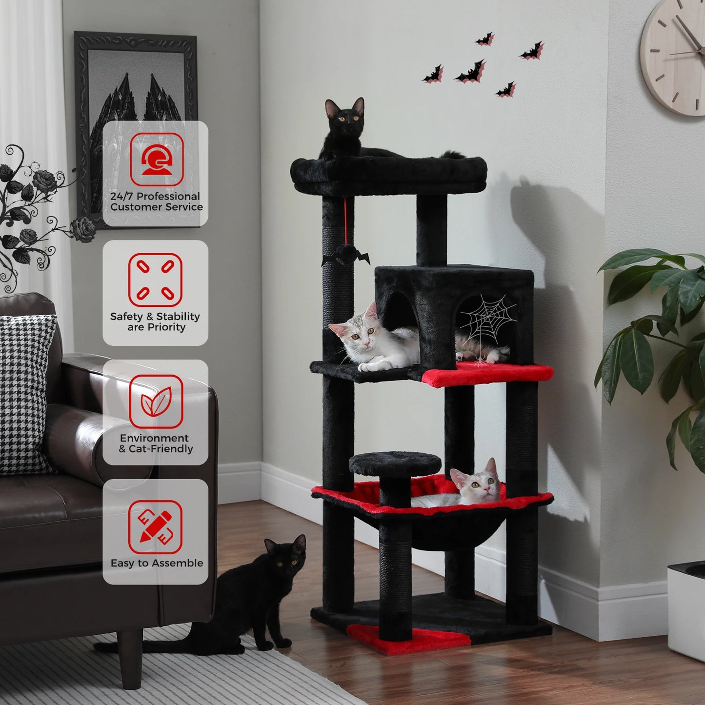 Gothic Cat Tree Tower for Indoor Cats Five Levels with Cozy Condo and Hammock
