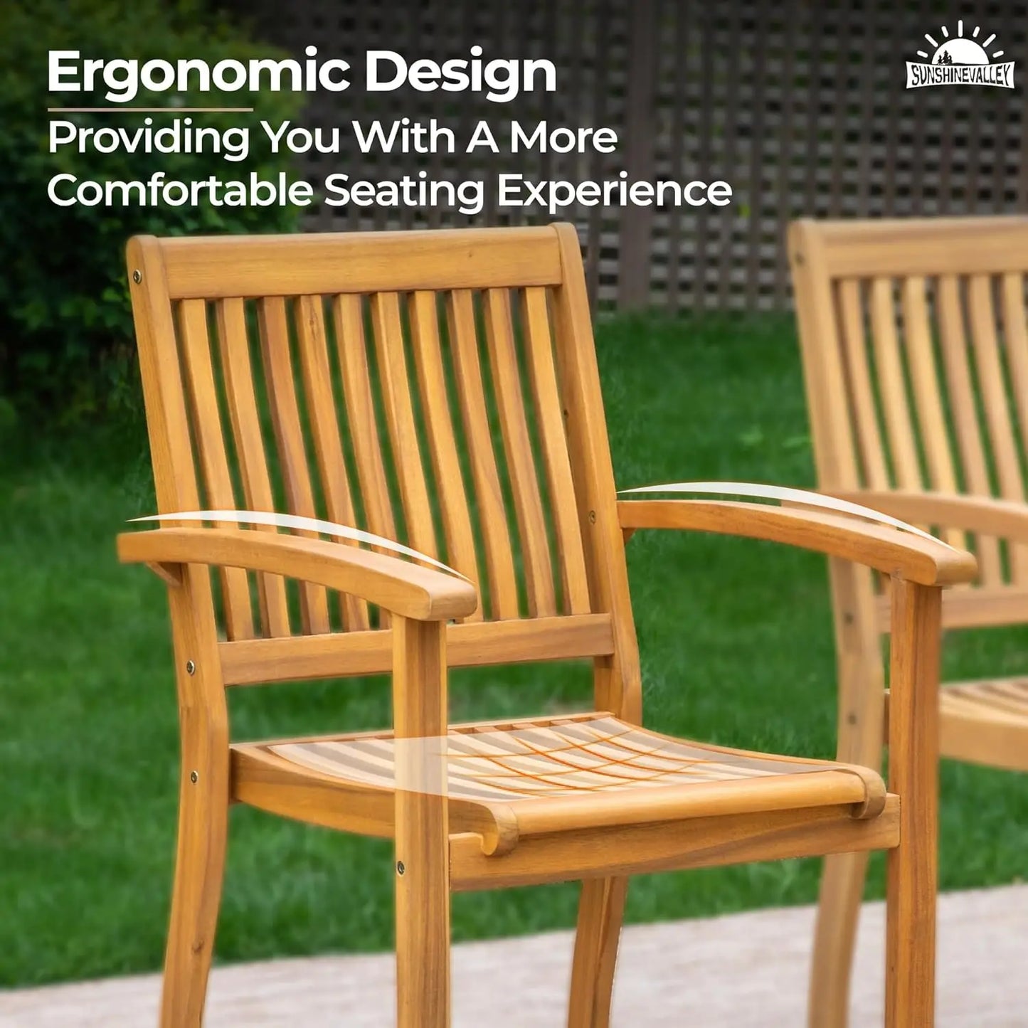 Wood Patio Dining Chairs Set of 2 Acacia Wood Armrest High Back for Porch