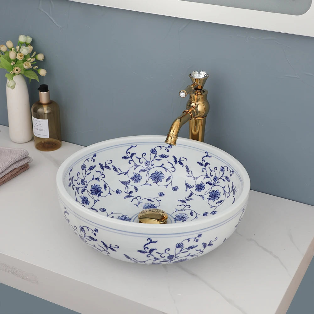 Hand Painted Ceramic Round Bathroom Basin Sink With Faucet