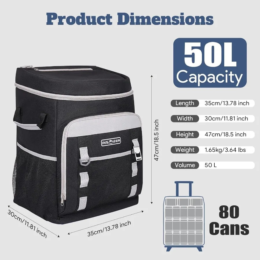 Portable Rolling Cooler 80-Can 50L Collapsible Soft-Sided 2-in-1 Trolley