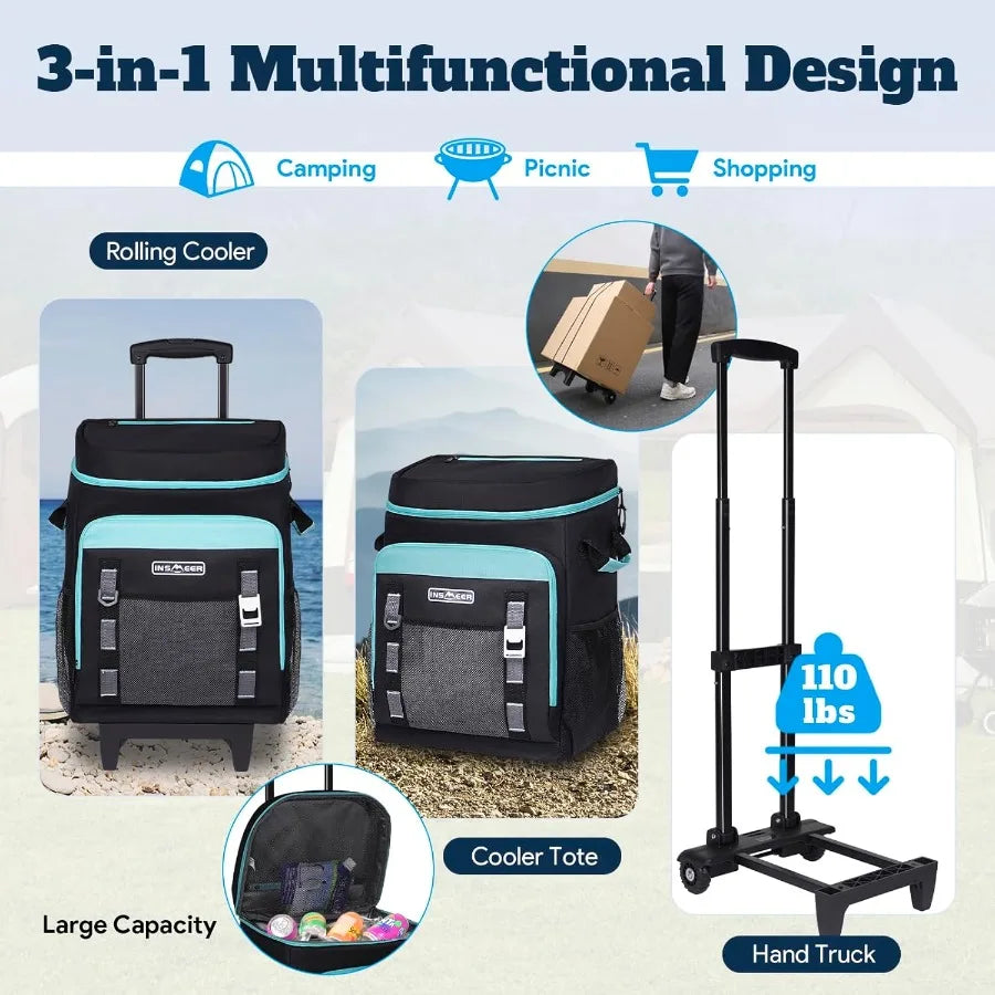 Portable Rolling Cooler 80 Cans 50L Soft Sided Collapsible Trolley Cart