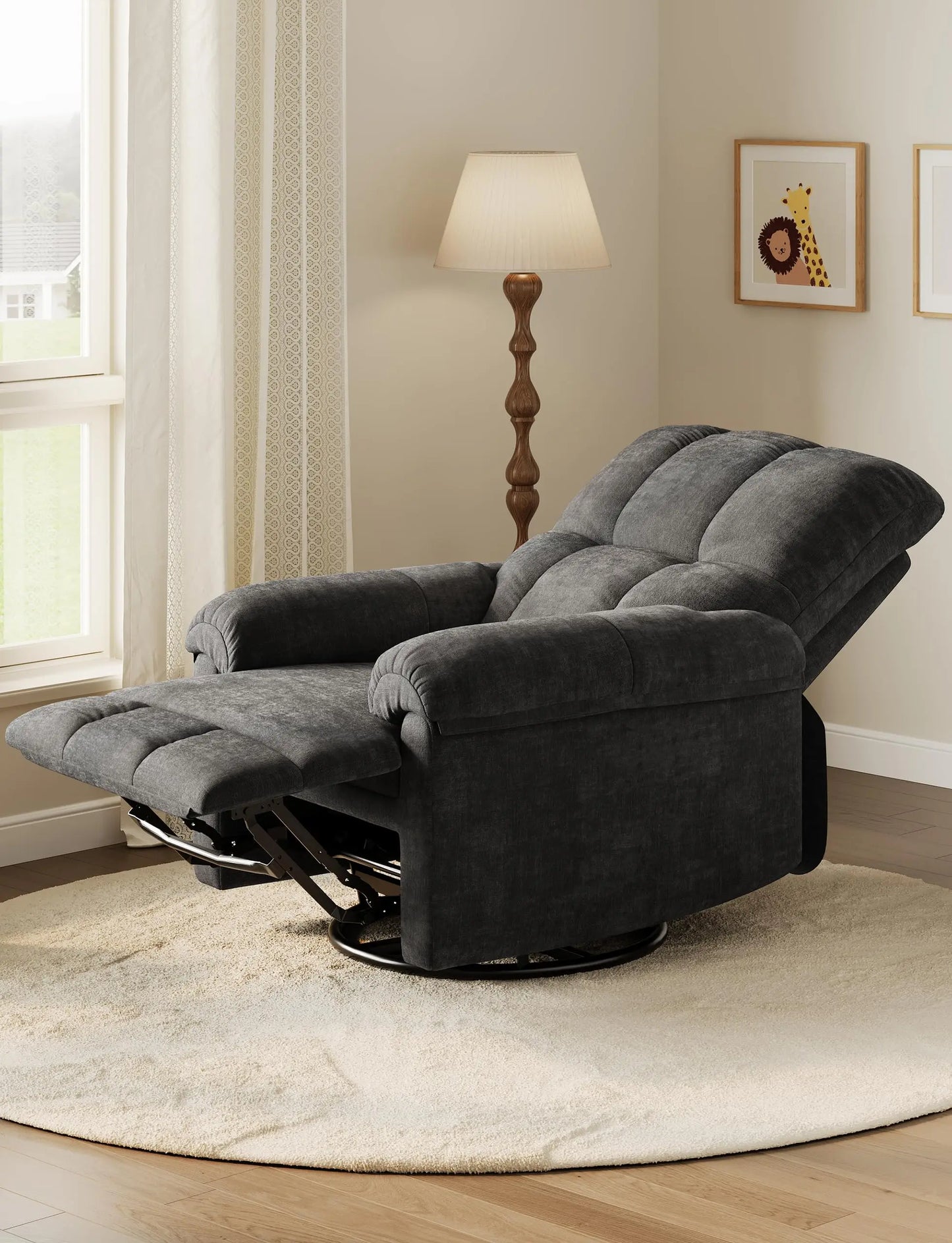 Oversized Overstuffed Chenille Recliner With Swivel Rocker And Padded Armrests