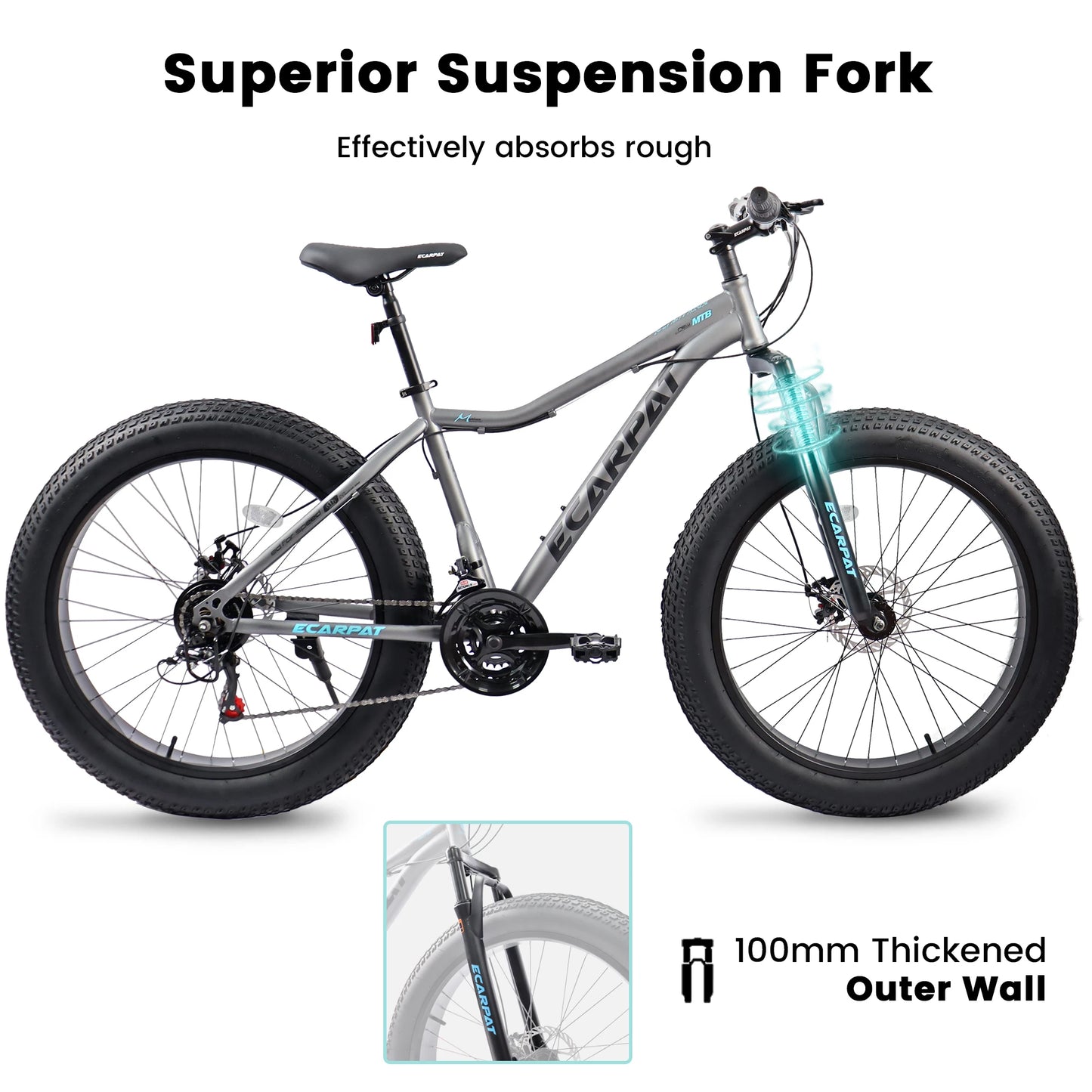 Ecarpat 26 Inch Fat Tire Mountain Bike With 21 Speed Steel Frame Disc Brake
