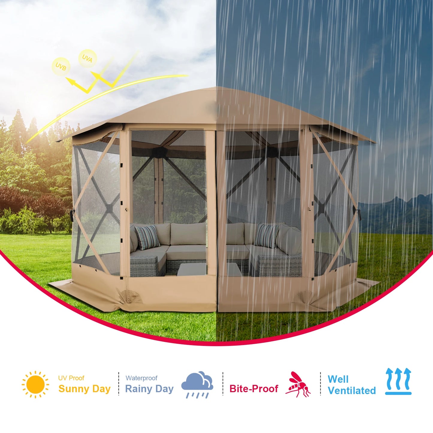 COBIZI Pop Up Gazebo Screen Tent 12x12 Camping Gazebo With Removable Roof Outdoor Screened Gazebo 5 Sidewalls 1800mm 300D Oxford