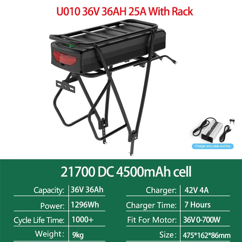 48V Rear Rack Ebike Battery 21700 Lithium Pack Luggage Rack