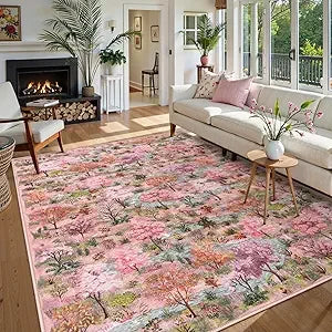 Forest Print Washable 8x10 Area Rugs Dark Green Rugs for Living Room Non Slip Ultra Thin Soft Boho Floral Bedroom Carpet