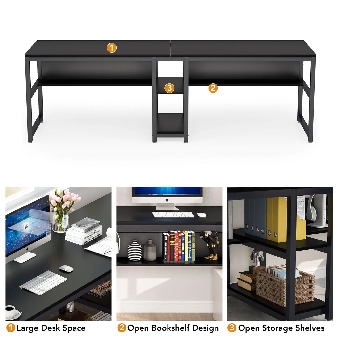 Tribesigns Two Person Desk With Bookshelf 78.7 Inch Rustic Double Computer Desk