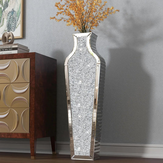 2 Shapes 68CM Crushed Diamond Decorative Mirrored Floor Vase Crystal Silver Glass Flower Vase for Pampas Grass and Artificial Flowers