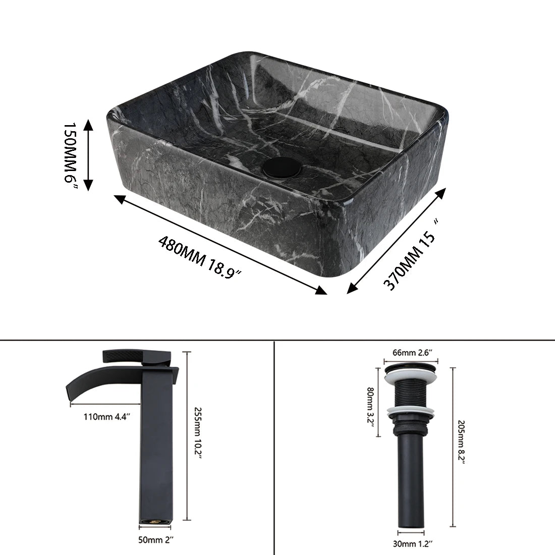 ZAPPO Black Rectangular Vessel Sink with Faucet and Drain
