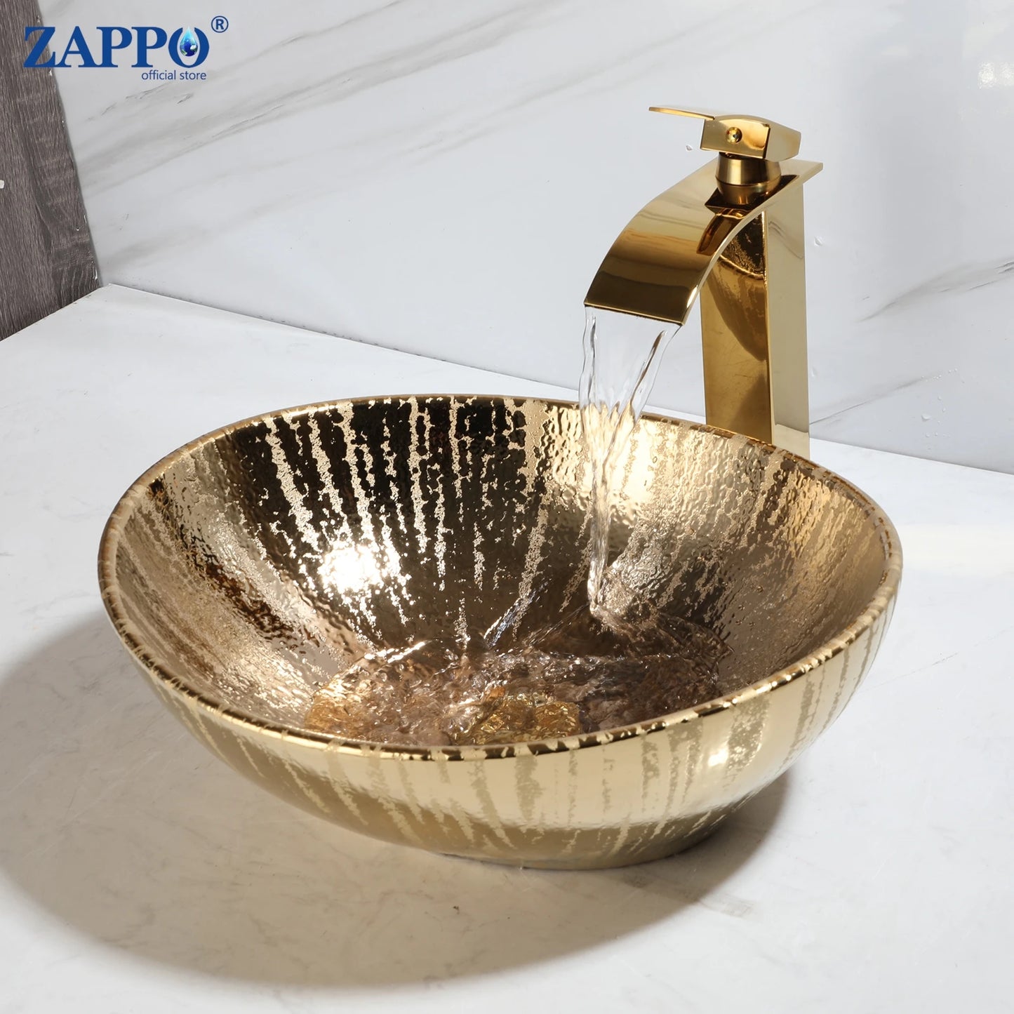 ZAPPO Marbling Rectangle Vessel Sink With Faucet Drain