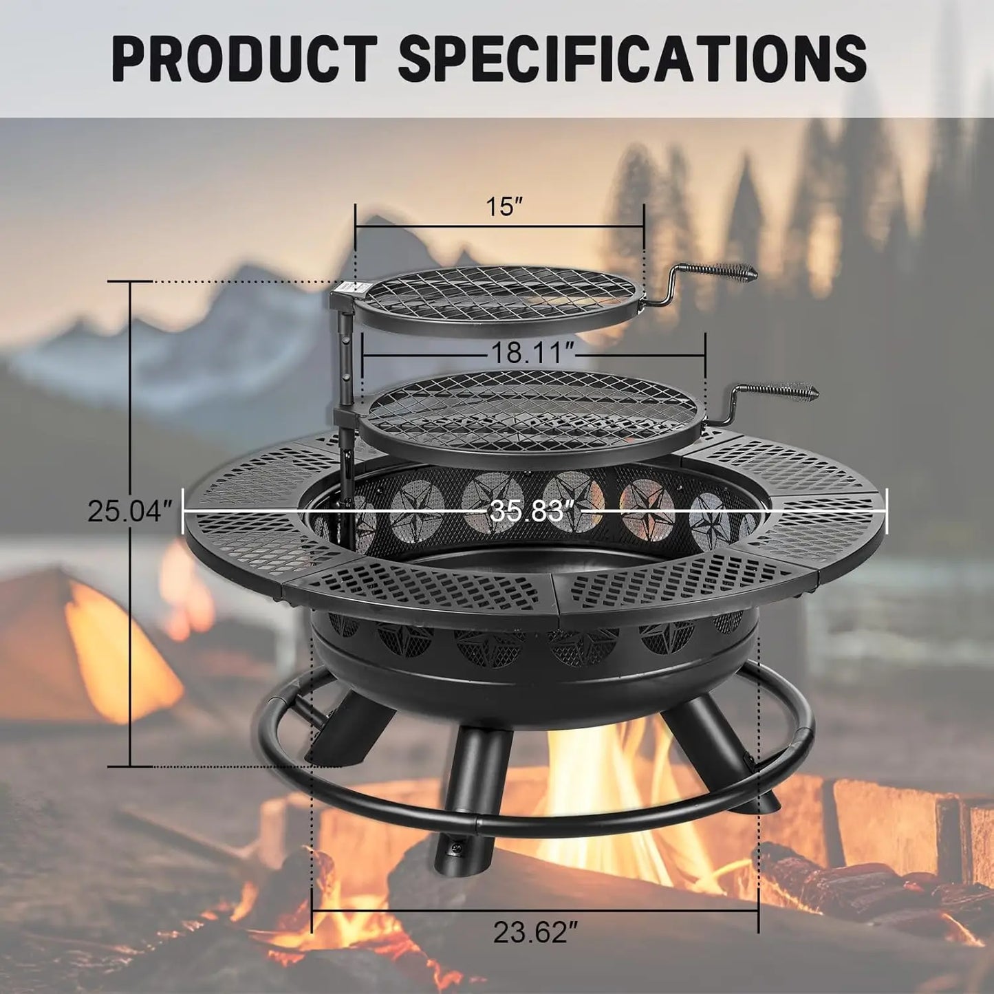 36 Inch Fire Pit With 2 Grills Outdoor Wood Burning BBQ