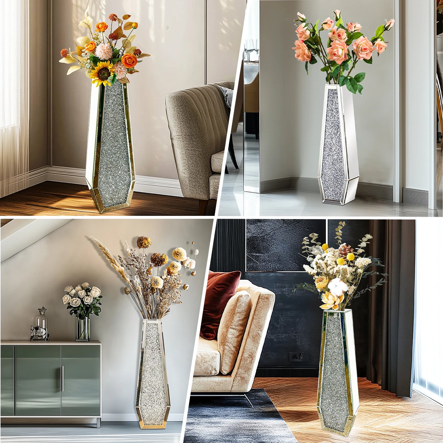 2 Shapes 68CM Crushed Diamond Decorative Mirrored Floor Vase Crystal Silver Glass Flower Vase for Pampas Grass and Artificial Flowers