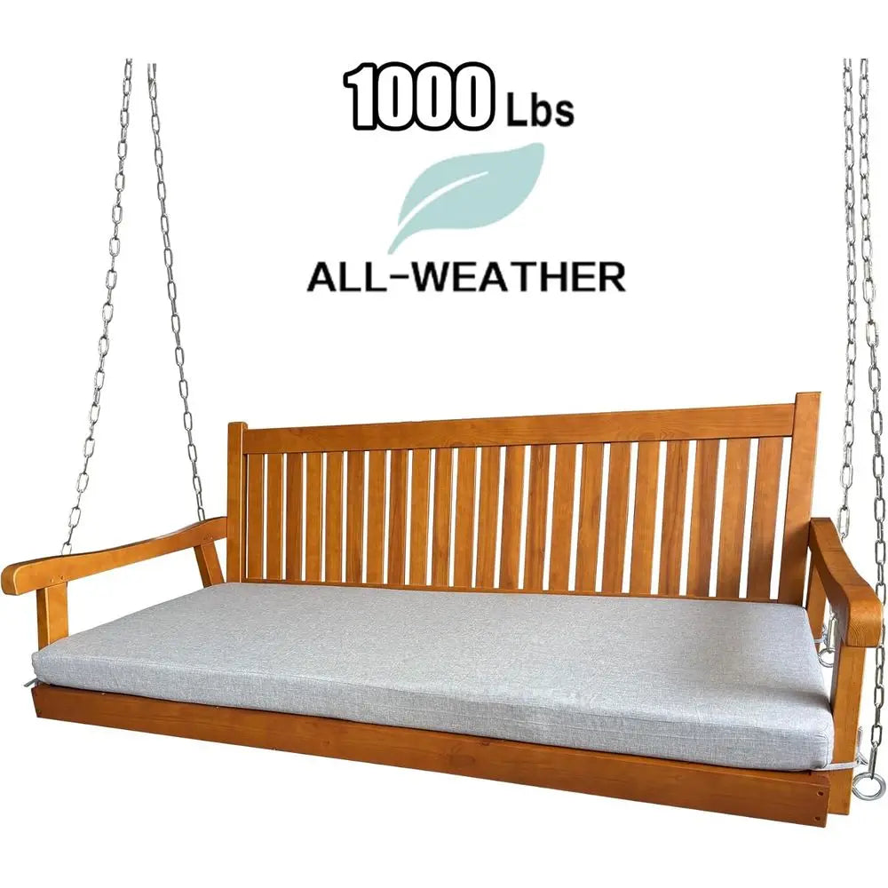 Teak Tone Porch Swing Bed With Cushion For Outdoor Patio Or Porch
