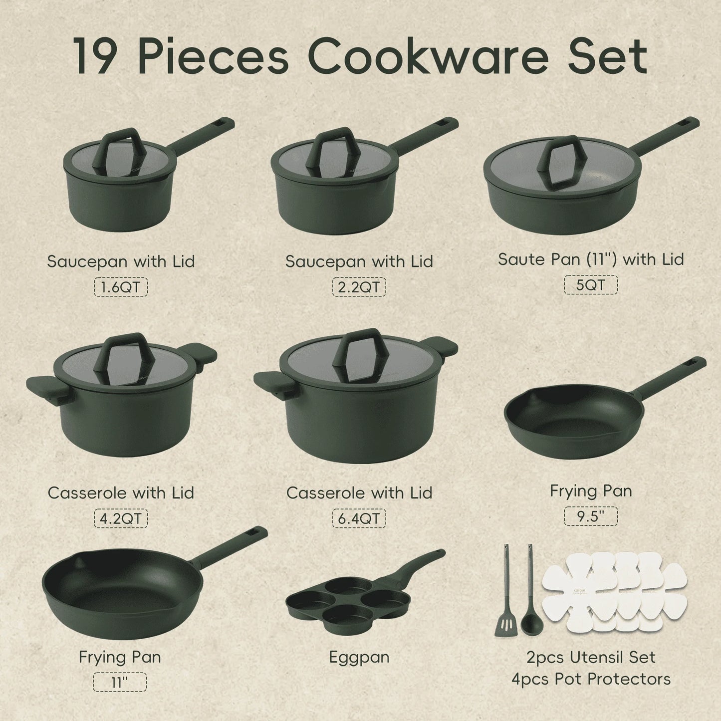 19 Pieces Nonstick Cookware Set Induction Pots and Pans Dark Green